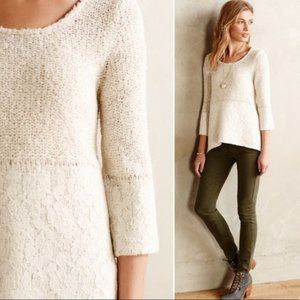 Anthropologie Knitted & Knotted Cream Wool Alpaca Lace Hi-Lo Sweater S